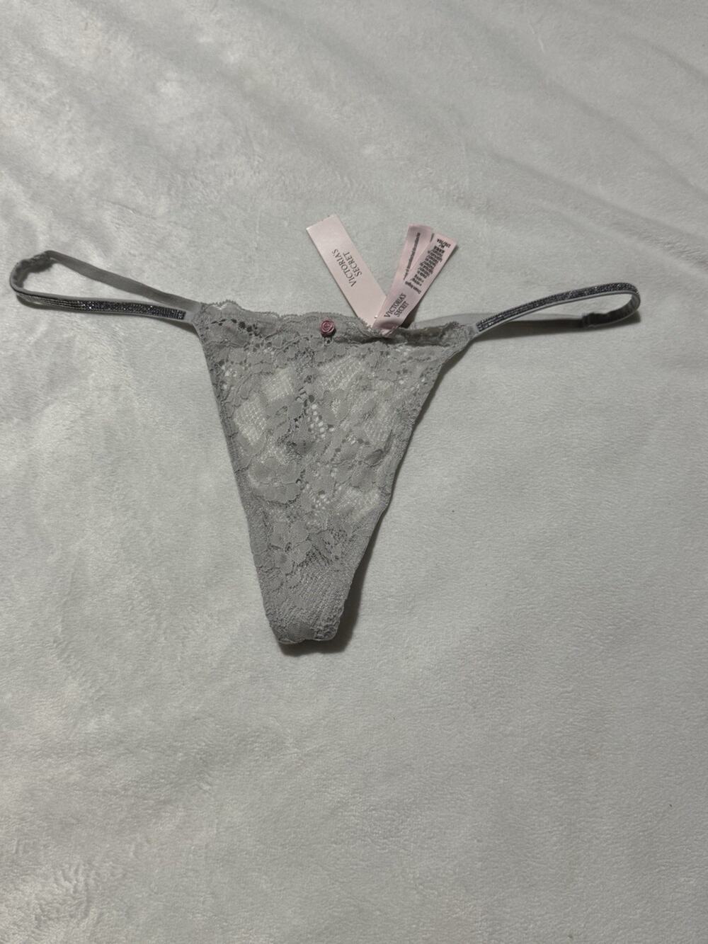 Dream Angels Silver Lace Shine Strap V-String Thong Panty NWT M
